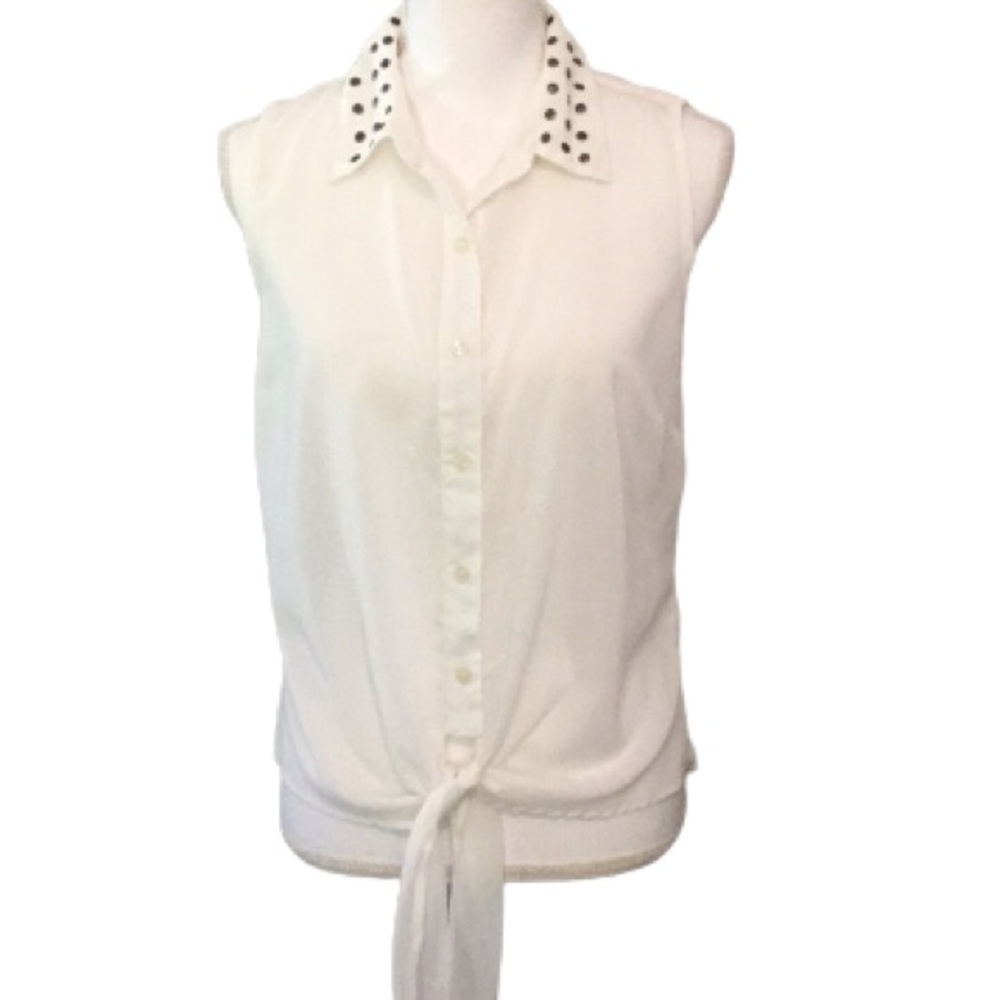 DizzyLizzy white High-Low button up sheer sleeveless top with tie at wai…